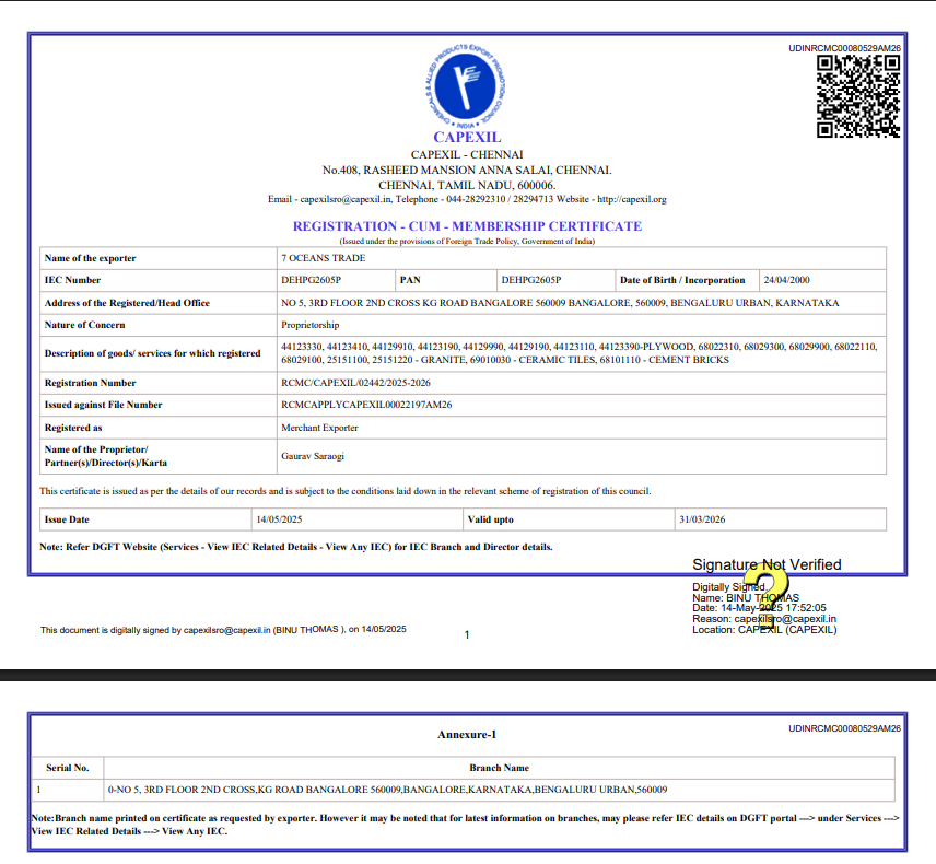 7 Oceans Trade Registration-cum Membership Certificate
